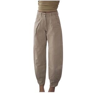 Zara Women Large Barrel Trouser Pants Beige High Rise Tapered Minimalist Chic